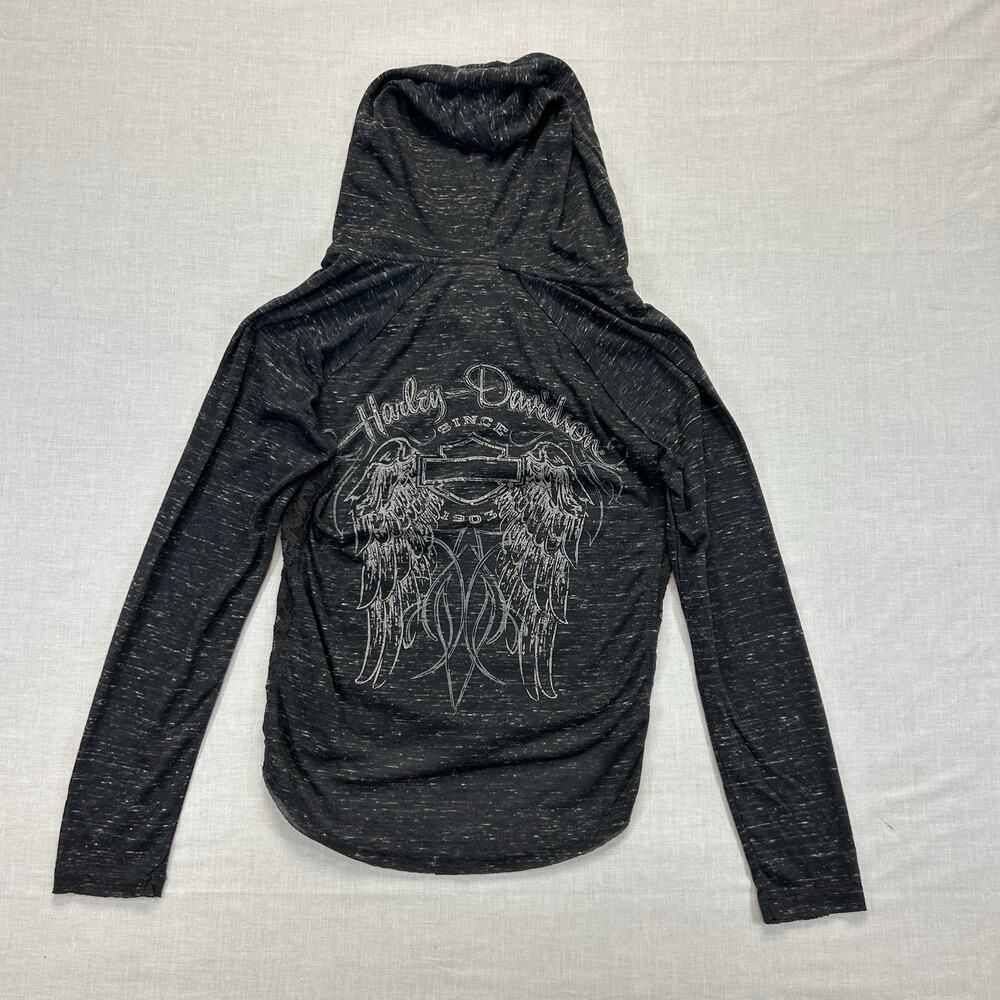 Harley-Davidson NEW Lace Accent Hooded Henley Shirt Women's Large Gray Black Top - Picture 5 of 10